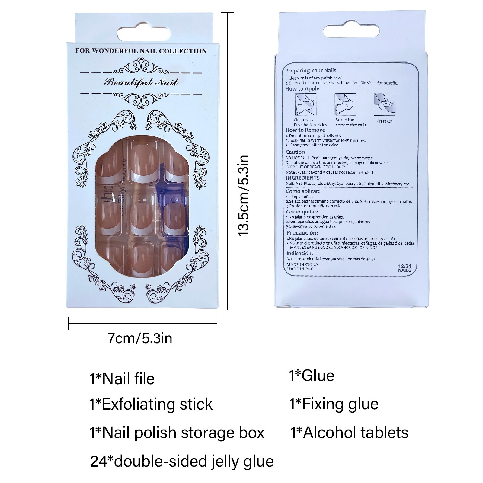 Short Square French Tip Press-On Nails, Nude Fake Nails with Full Prep Kit