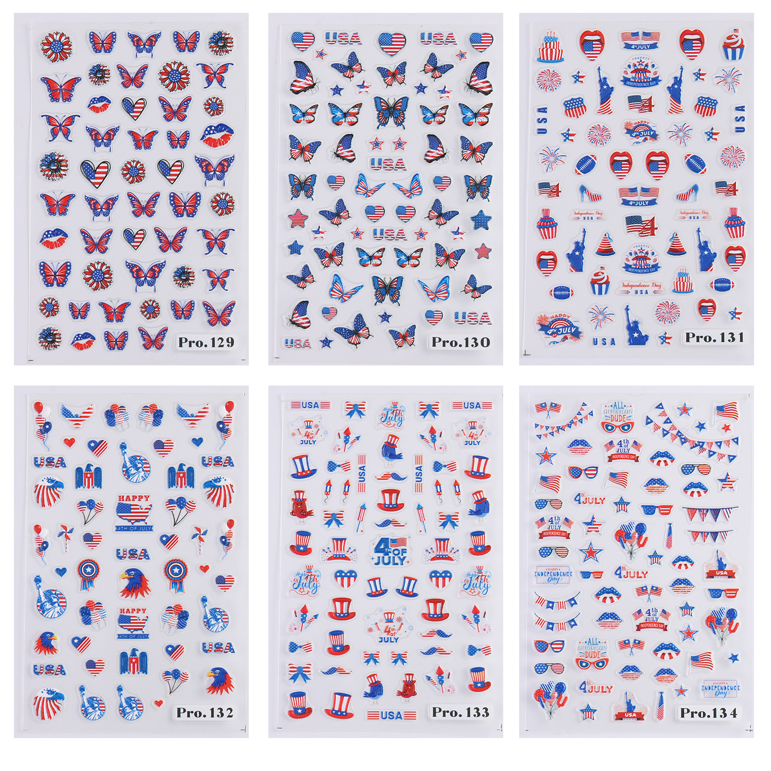 6 Sheets 4th of July Nail Art Stickers 3D Decals Red Blue White American Flags