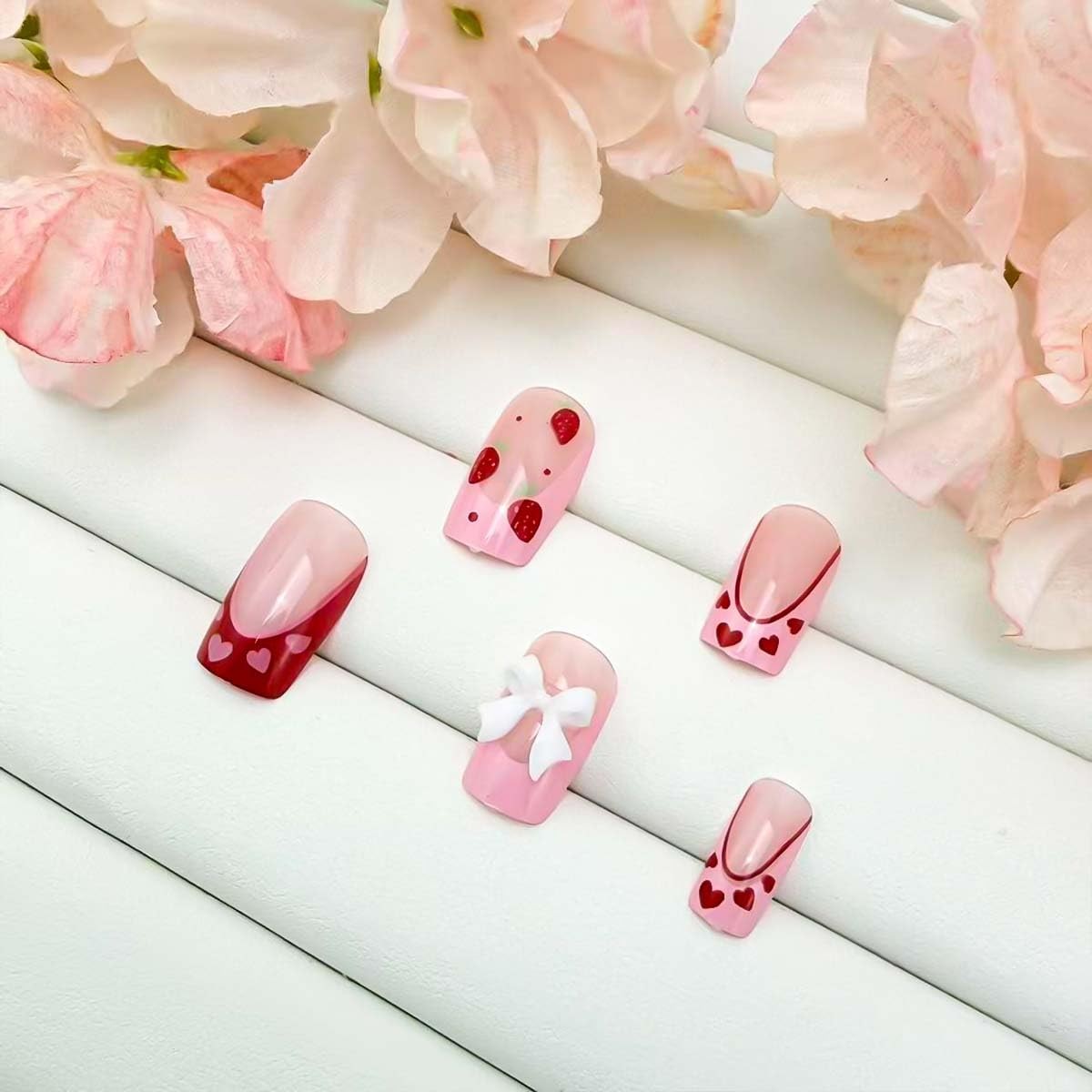 24Pcs French Tip Press on Nails Medium Square with Heart Design Fake Nails 3D…