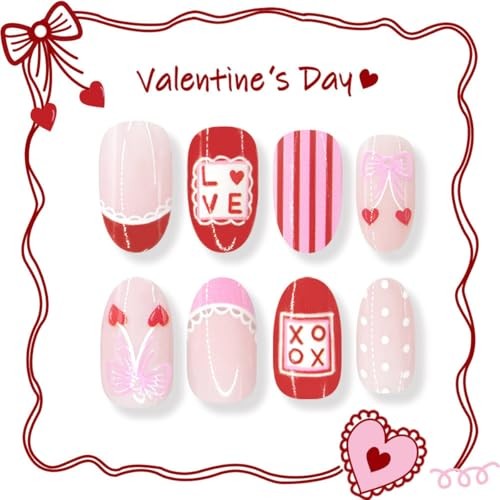 Valentine’s Day Press on False Nails Short Oval Fake Nails French Tip Style-12