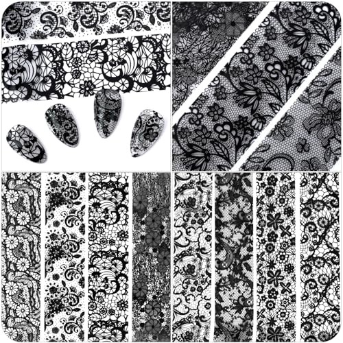 10 Sheets Nail Transfer Foil, Lace Nail Foil, Lace Nails Black (20×2.3cm)