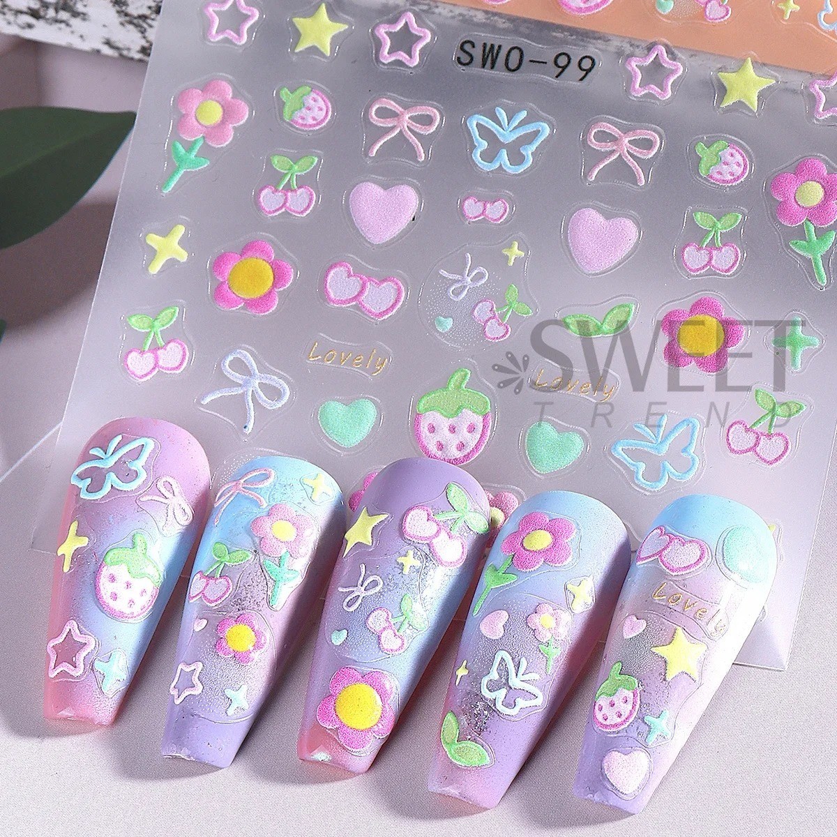 2PCS Sweet Element Nail Art Stickers Simple Flower Heart Cherry Strawberry Kawai