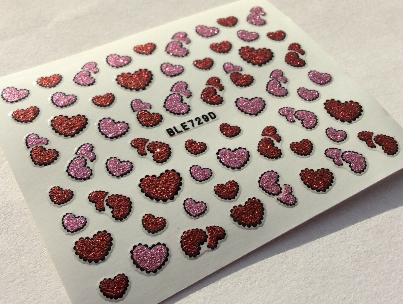 Nail Art 3D Decal Glitter Stickers Red Pink hearts BLE729D