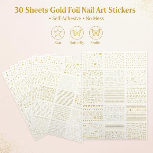 30 Sheets Gold Foil Nail Art Stickers, 3D Self-Adhesive Nail Decals, Star