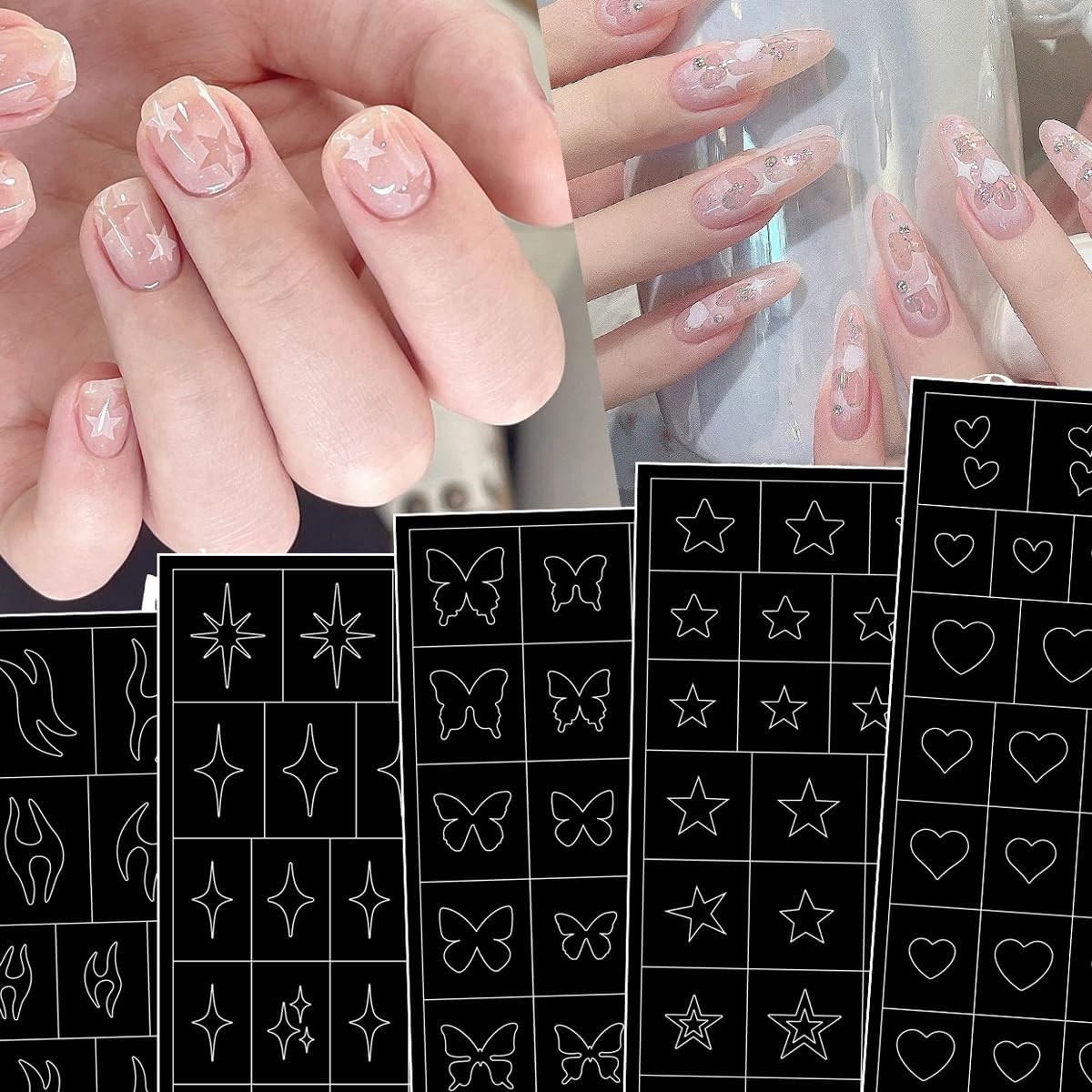 6 Sheets DIY Airbrush Nail Stencils – Butterfly, Heart, Star, Flame Designs f…