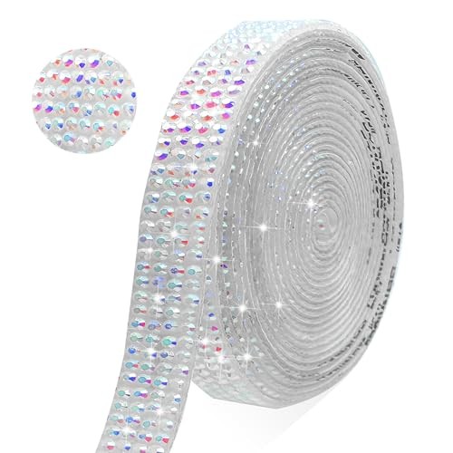 Self Adhesive Rhinestone Ribbon Crystal Strips, 3 Width-0.35 inch White AB