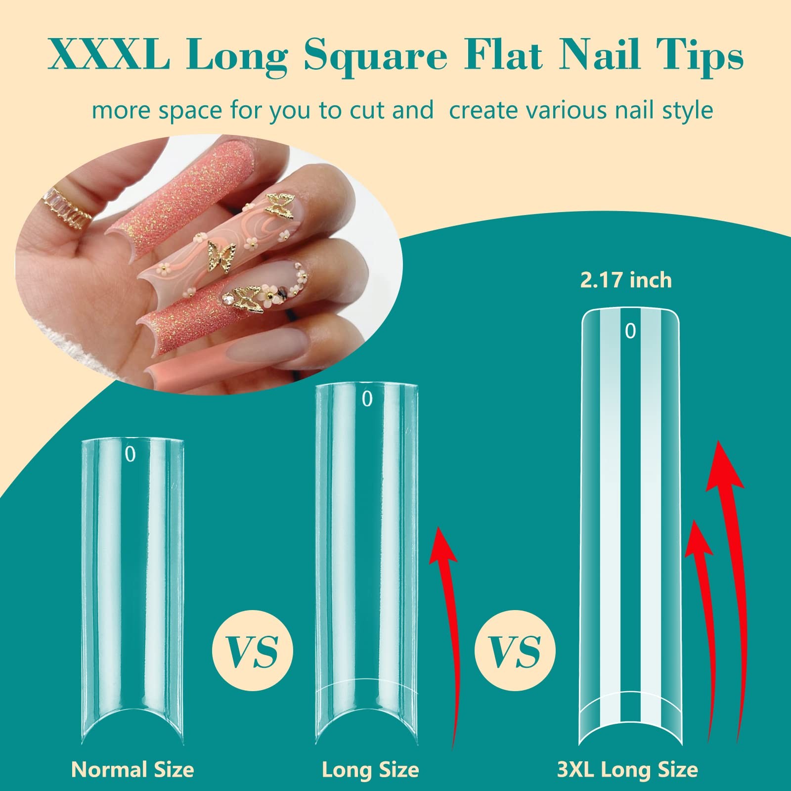 LIONVISON 3XL Square Nail Tips: No C Curve Flat 504pcs square with box, Clear