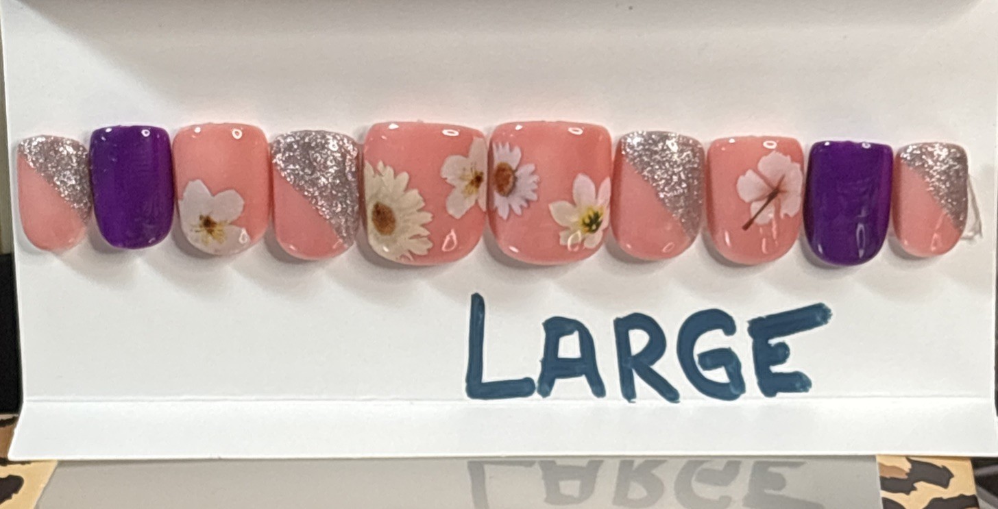 Customized Press On Nails Square-Size Large Pink&Purple w floral design&glitter