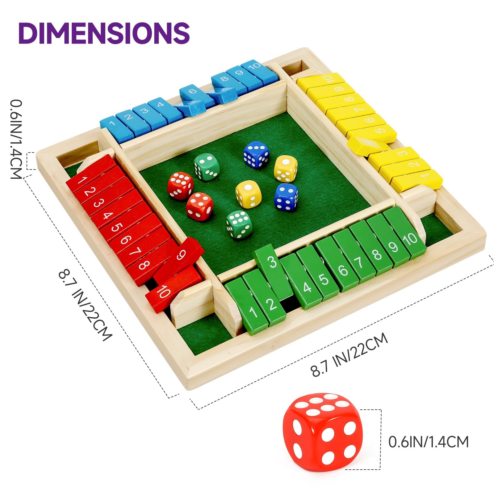 Kiapeak 1-4 Players Shut The Box Dice Game, 10 22 x 22 x 0.1 cm, Colorful