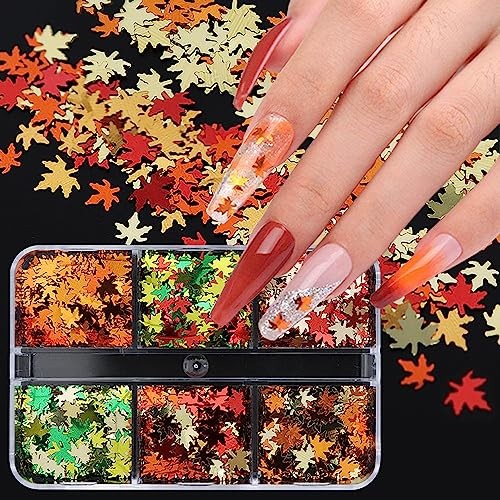 Nail Art Glitter Sequins, 3D Fall Leaves Sparkly Nail Flakes Maple Leaf