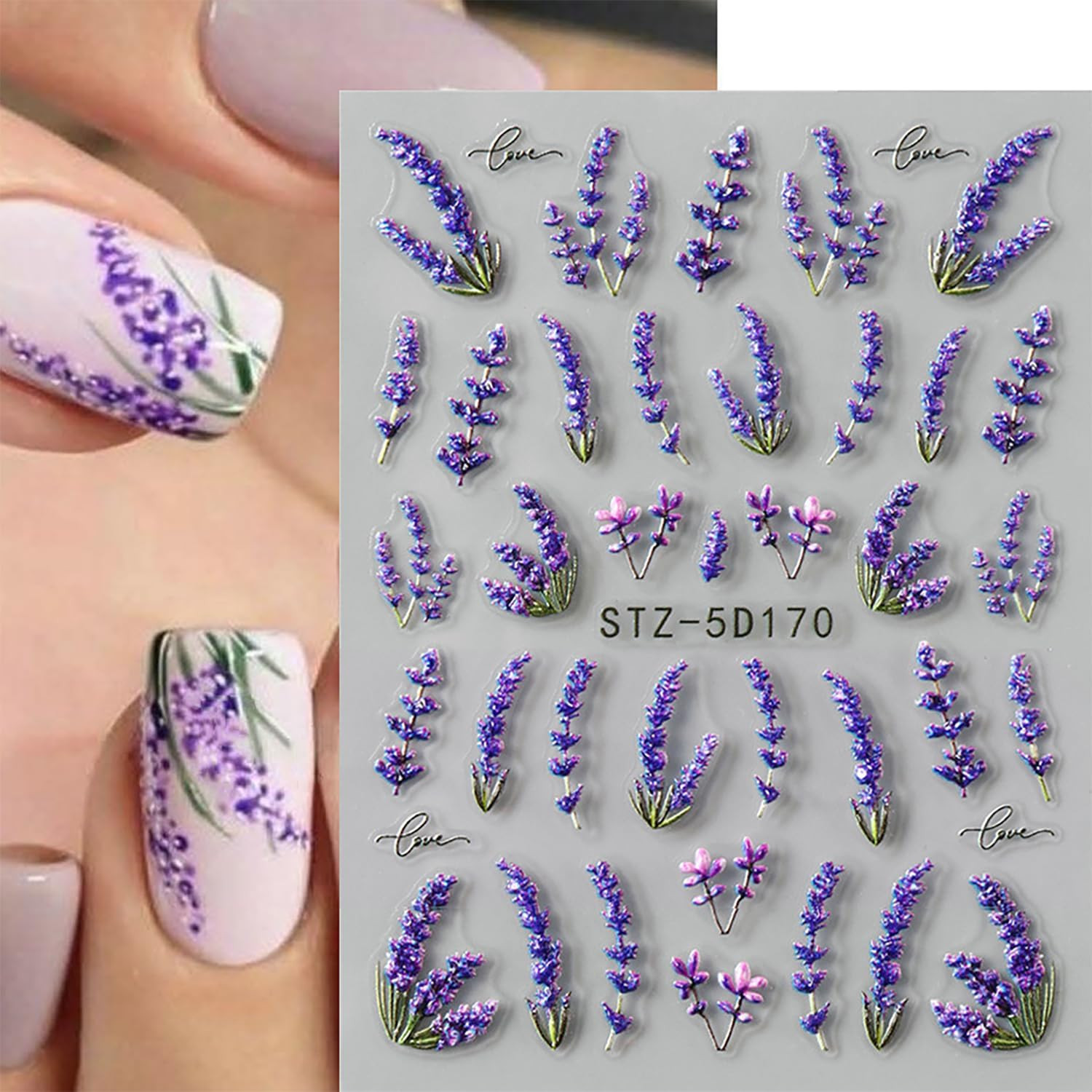 Flower Nail Art Stickers Decals 5D Embossed Purple Lavender Vine Nail Stickers 3