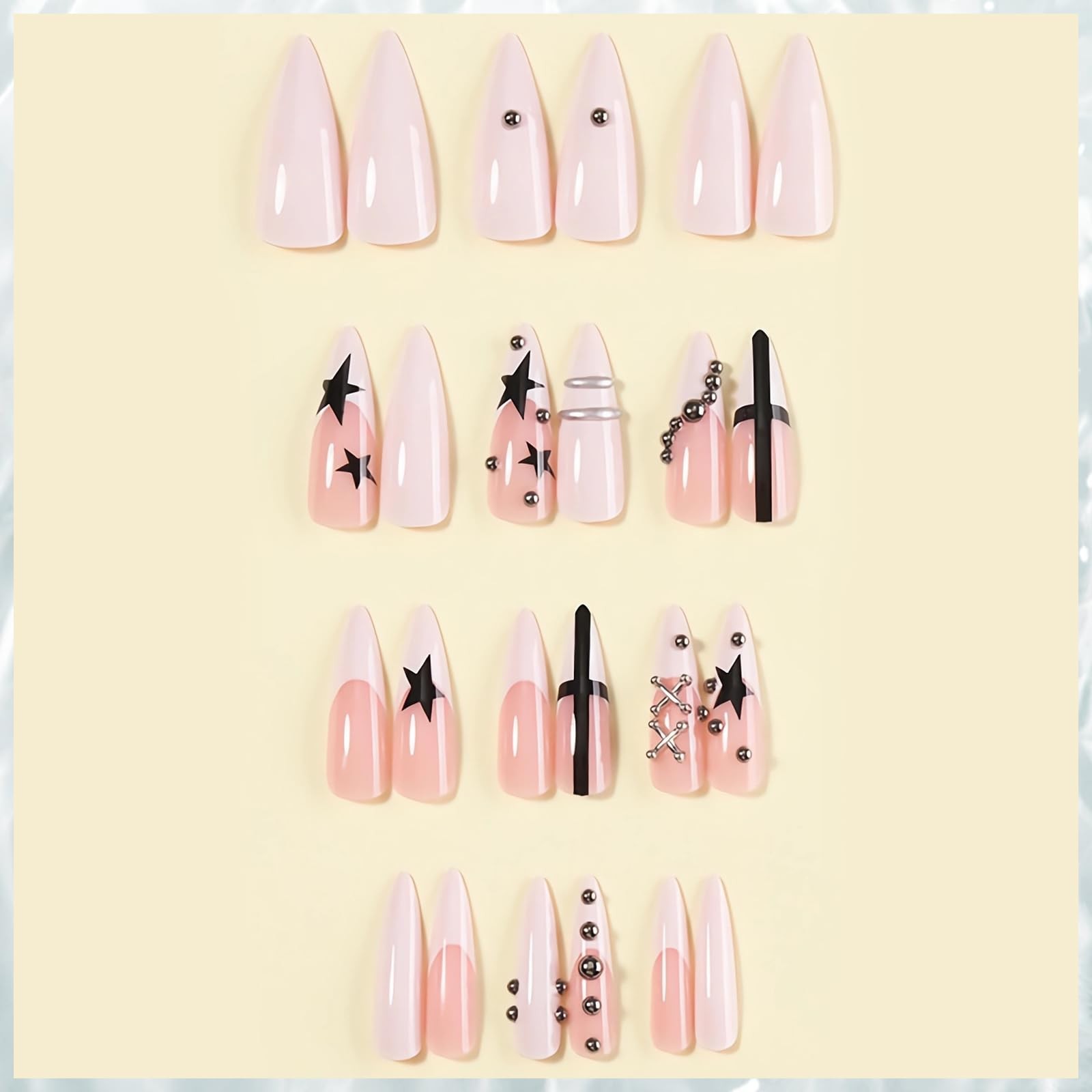 Press on Nails – Long Stiletto Fake Nails with White French Tip, Acrylic Goth…