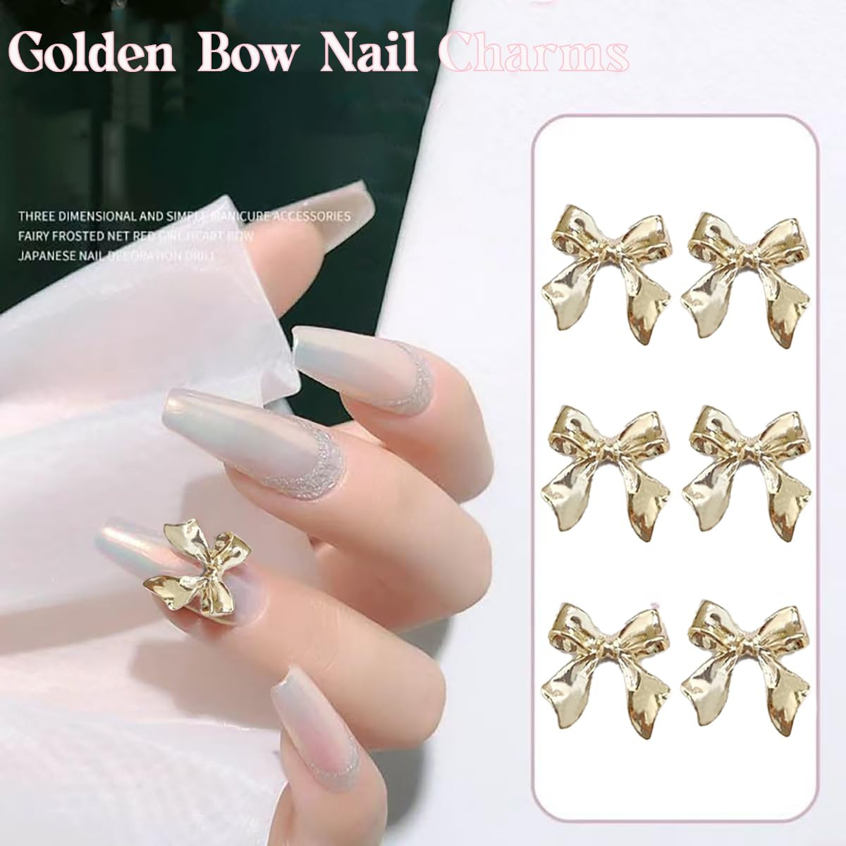 50Pcs Gold Metal 3D Bow Nail Charms for Women & Girls, Nail Art Rhinestones Deco