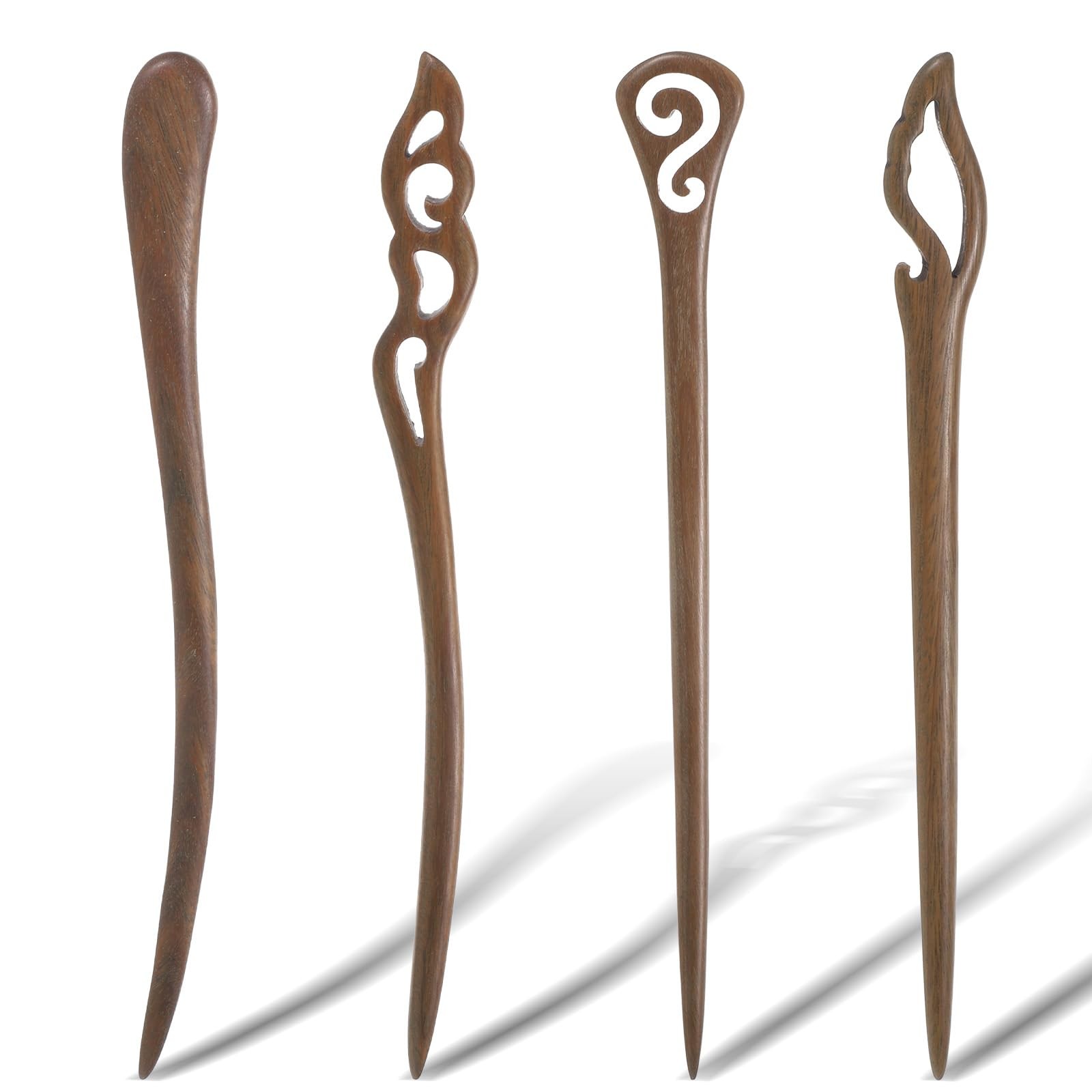 4 Pcs Wooden Hair Sticks for Women, Hanfu Pins 1 Count (Pack of 4), Brown