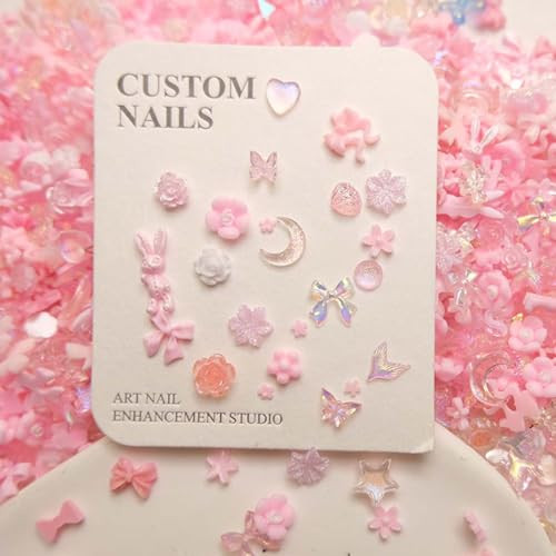 100 Pcs 3D Nail Charms Pink Nail Charms Flower Nail Art Charms Mixed Shape