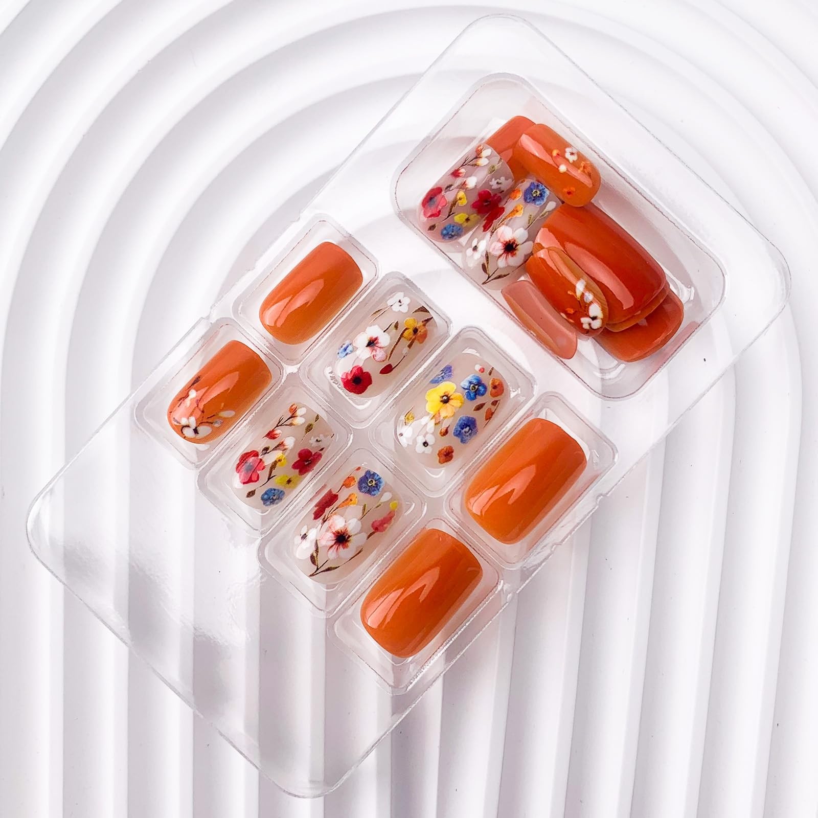 Flower Press on Nails Short Square Medium (Pack of 24), Style 18
