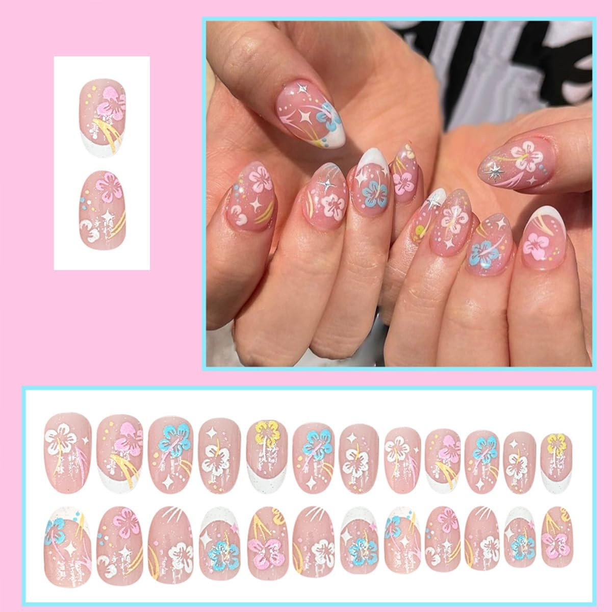 24Pcs Summer Flower Fake Nails White French Press on Nails Short Almond Glossy A