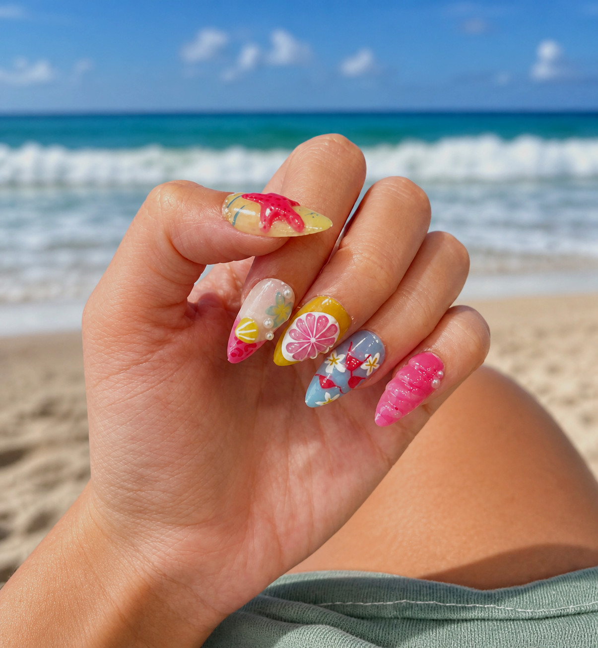 24pcs/ Pack Spring Summer Beach Shell Nail Art | 3D Designs Medium Almond Shape