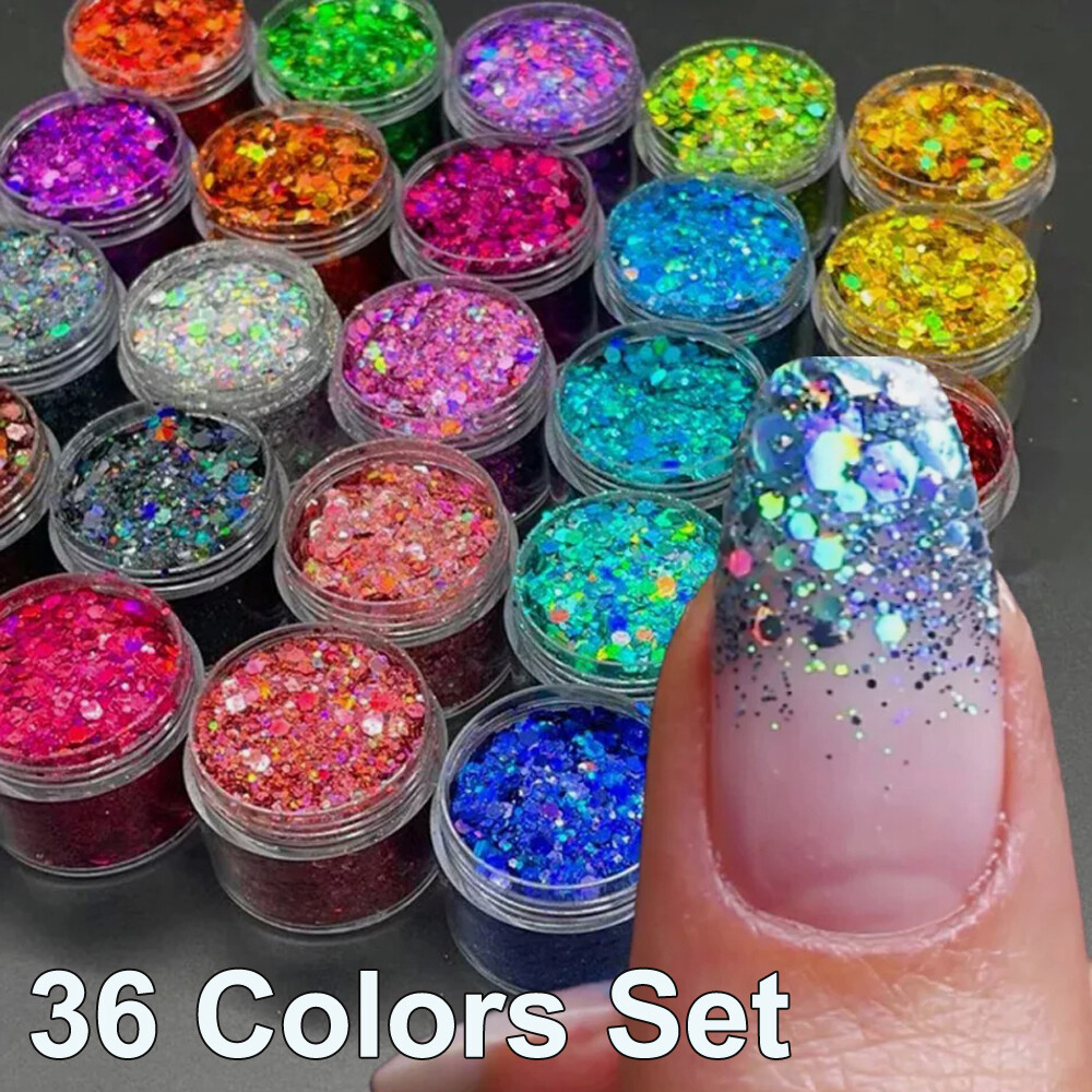 36 Pcs Mix Color Glitter Dust Powder Set For Nail Art Acrylic Tips Decoration US