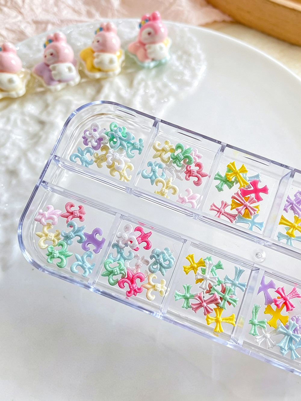 12-Grid Mixed Color Resin Cross Nail Art Sweet Dopamine Style for Press On Nails