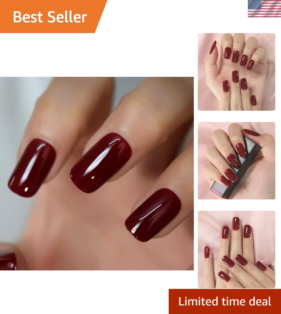 24-Piece Burgundy Square Press On Nails – Glossy Finish for Effortless Style