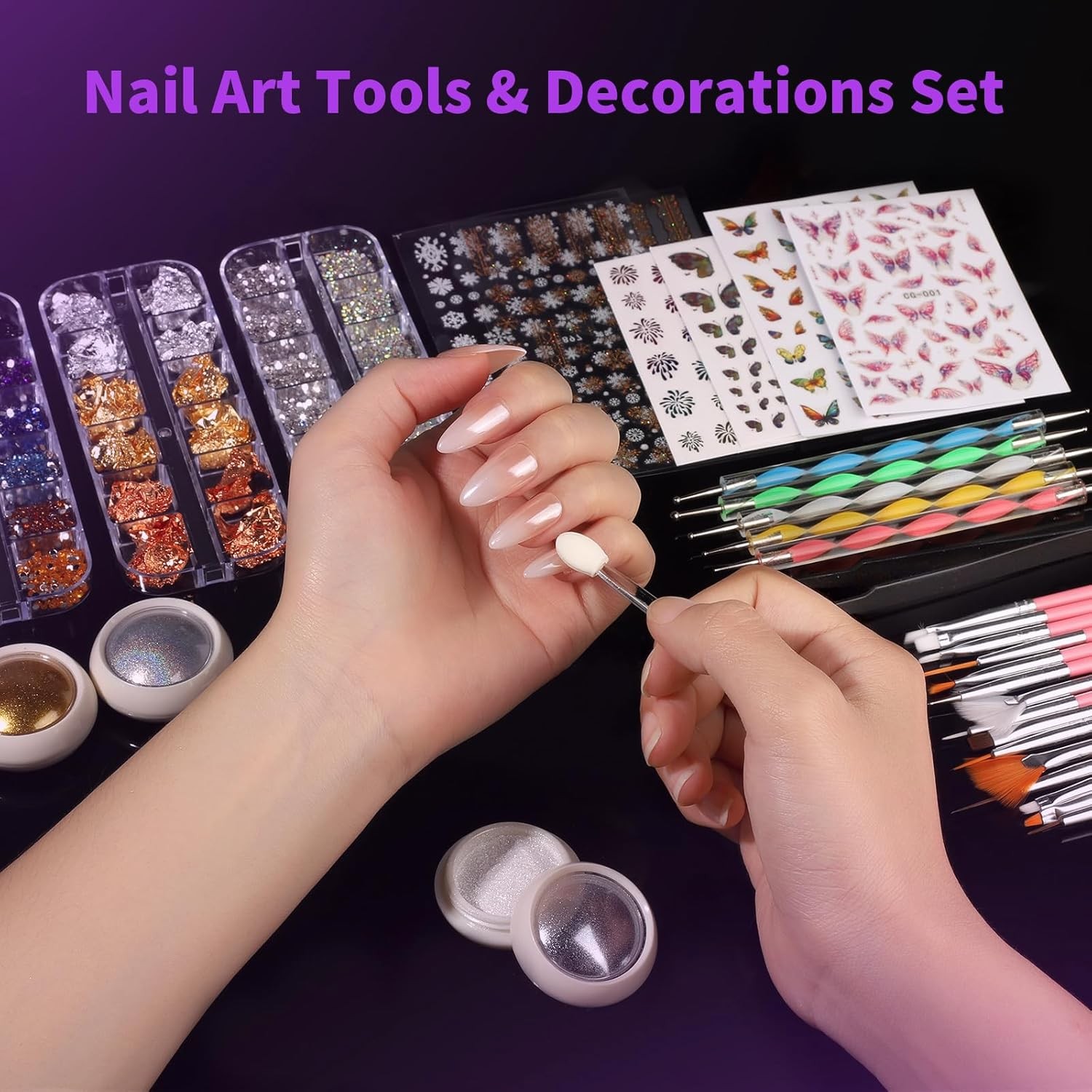 15-Piece Nail Art Kit with Brushes, Dotting Tools, Rhinestones, Stickers & Chrom