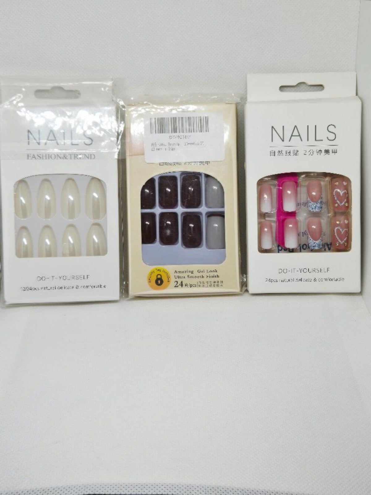 3 BOXES NATURAL PRESS ON NAILS PEARL, CHOCOLATE & PINK HEART NIB 72 TOTAL