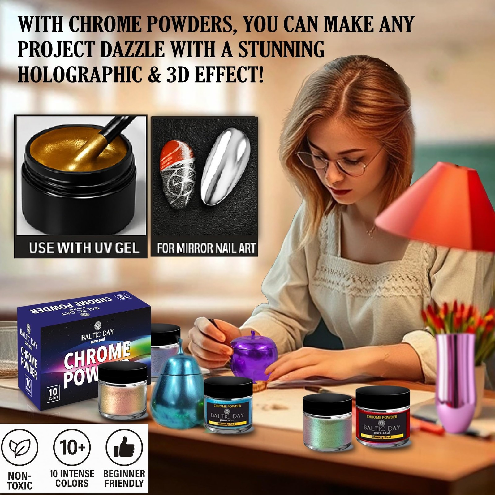 Premium Chrome & Metallic Pigment – 10 Colors Mirror Chrome & Holographic Mic…