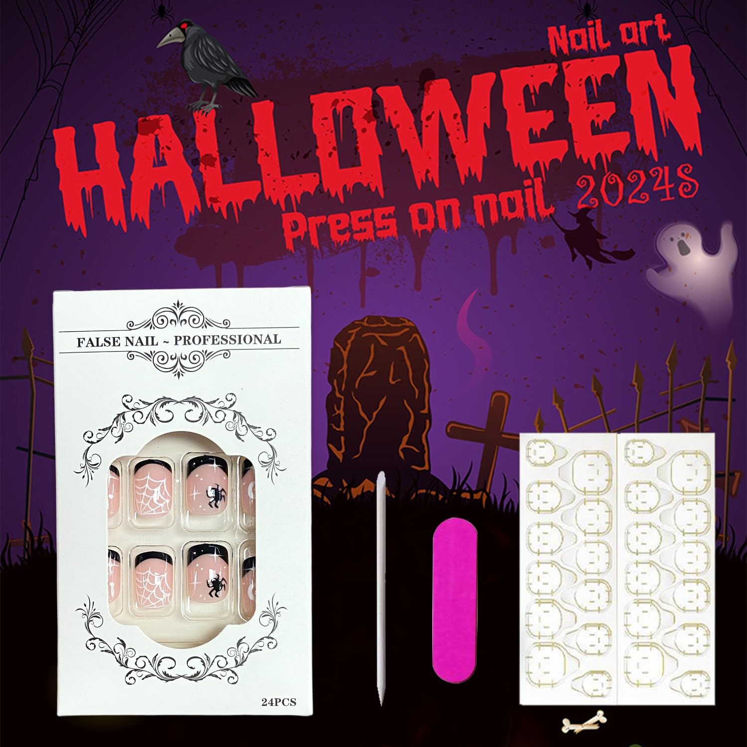 Short Square Halloween Press on Nails Black French Tip Fake Nails Glossy Spid…
