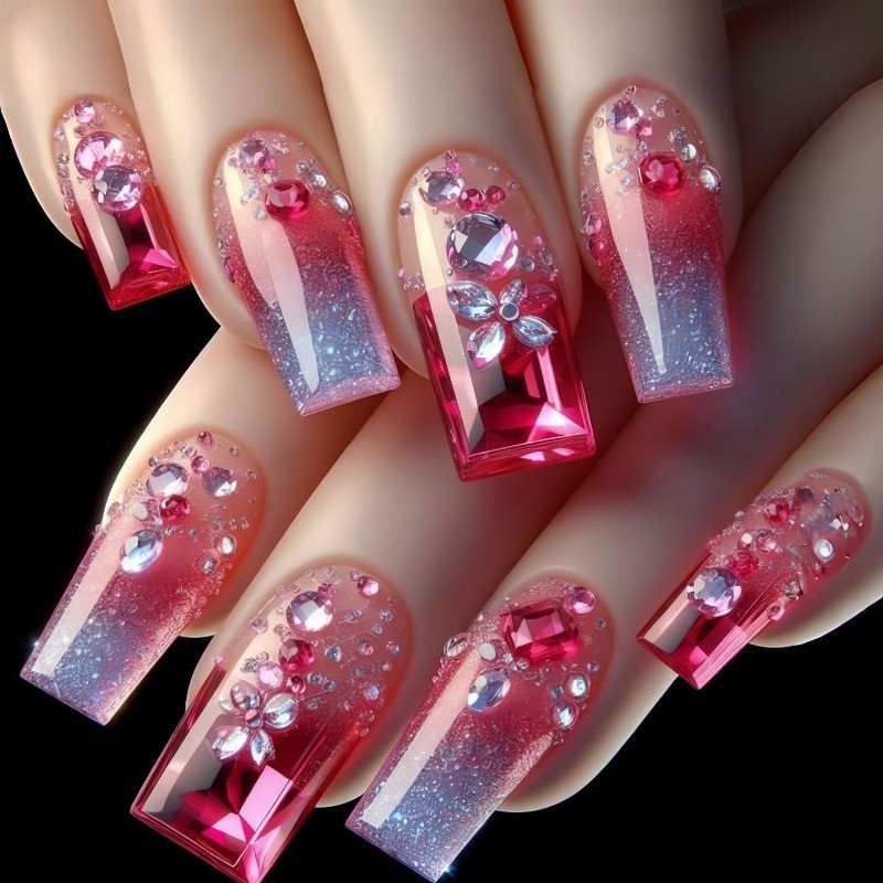 48PCS luxury pink purple gradient red diamond press in nail art, reusable nail