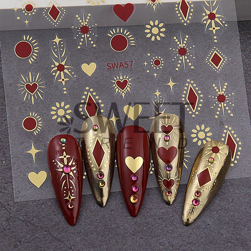 2Pcs Star Moon Sun Heart Bohemian Metallic Gold Silver Nail Stickers DIY NH28