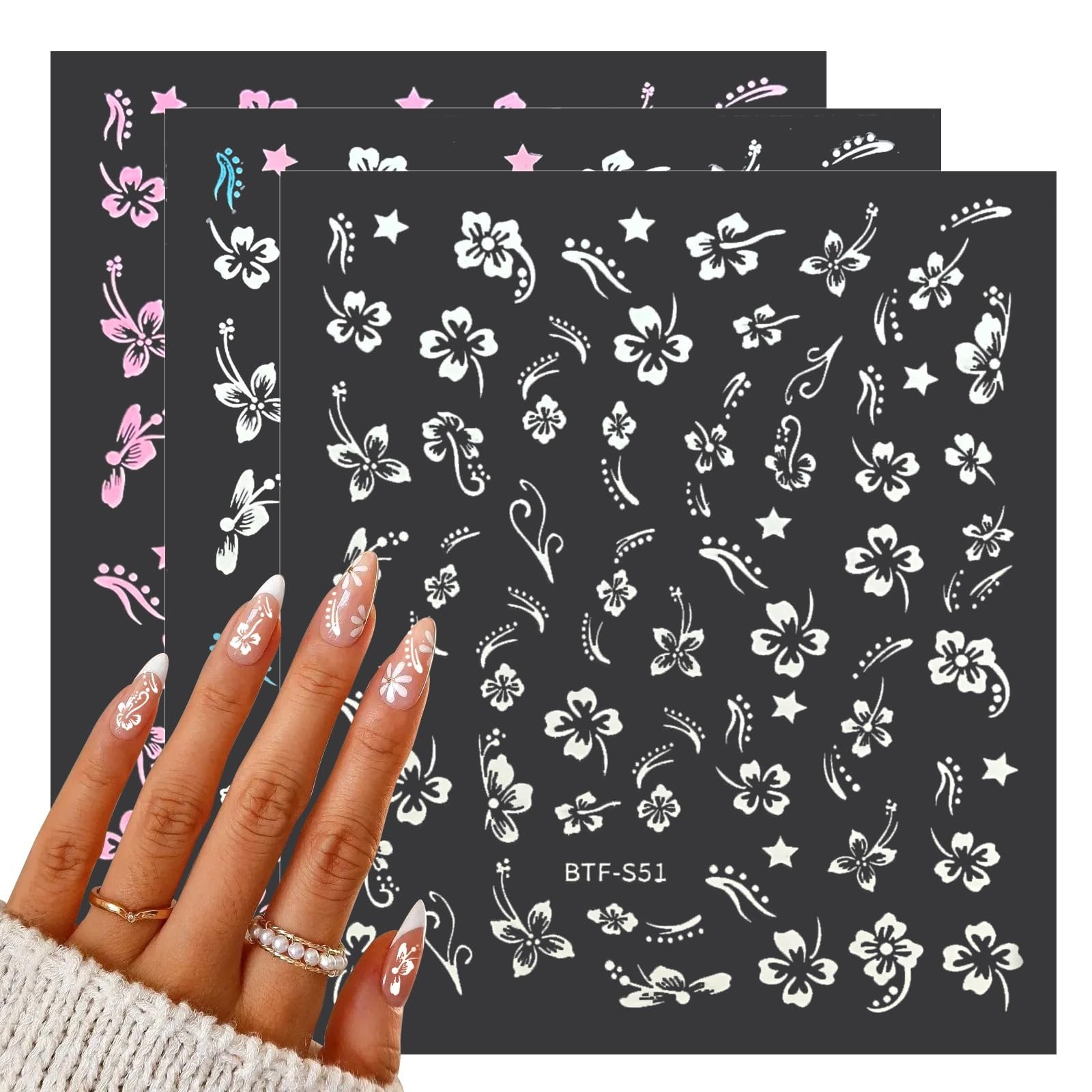 MUIIGOOD Flower Nail Stickers 10 Sheets Hibiscus Nail Decals White Pink Golde…