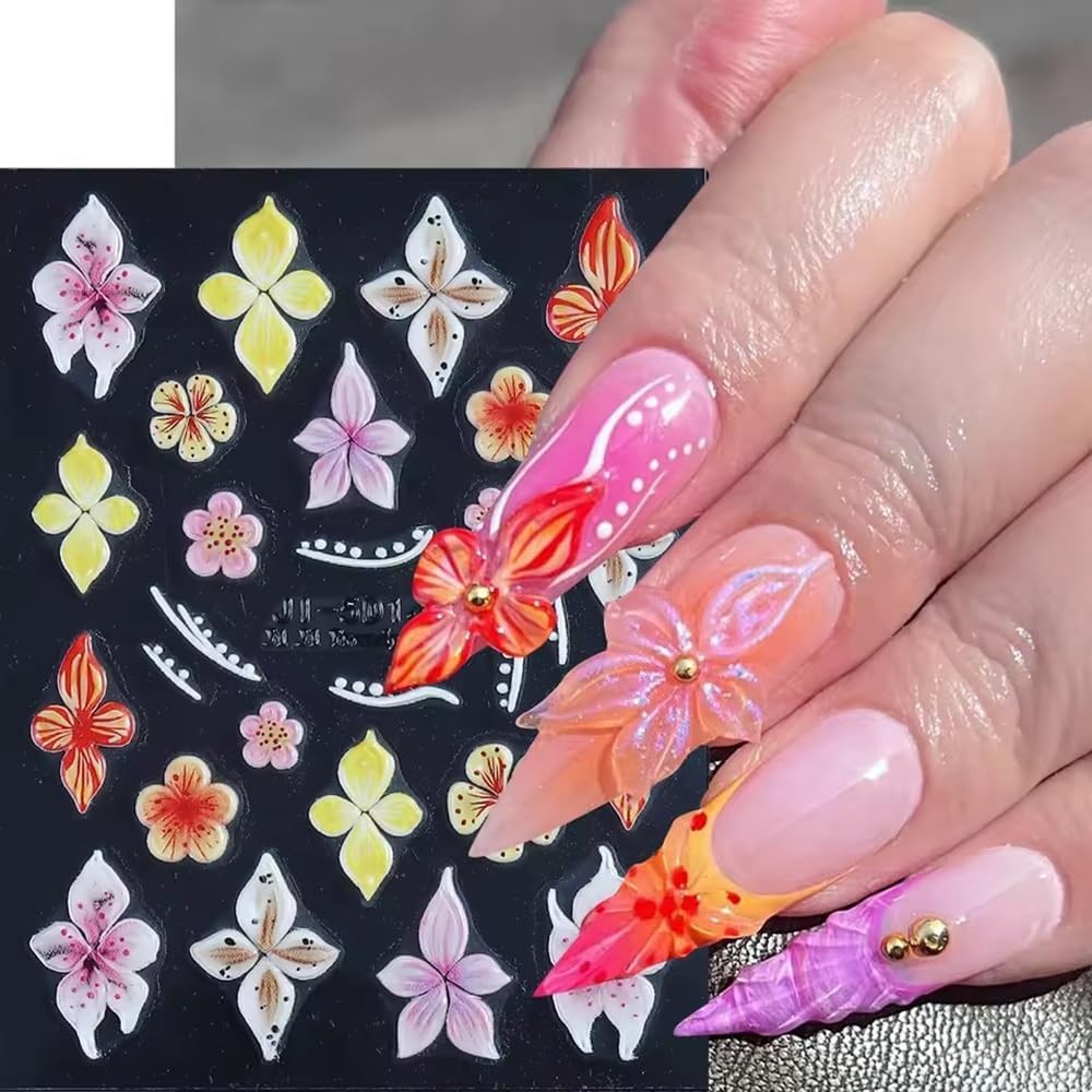 Flower Nail Stickers for Nail Art, 5D Embossed Hibiscus Nail Decals Pink White L