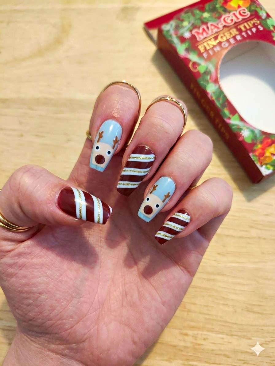 MA-GIC Christmas Reindeer Artificial Nails Medium Square Glitter w/ Box