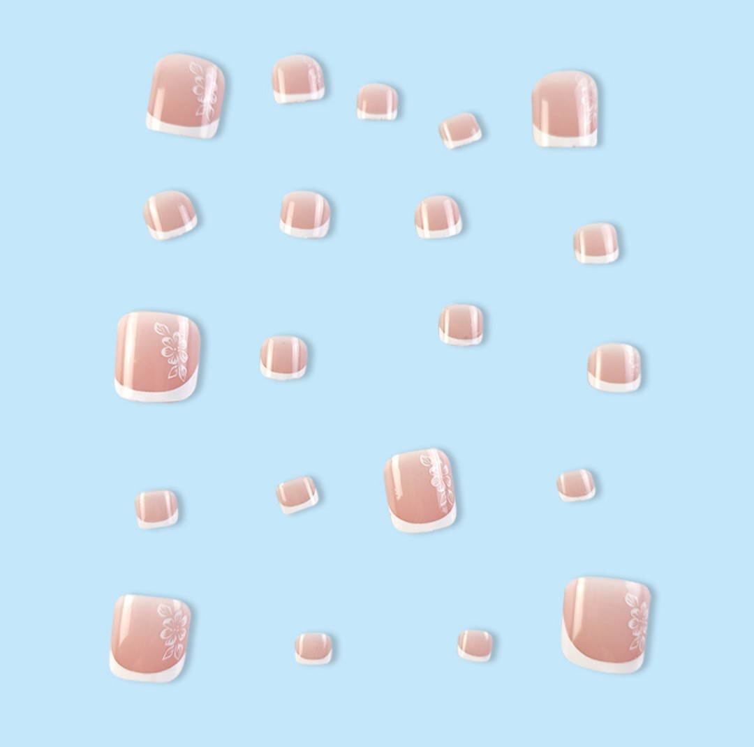 Press On Toenails 24Pcs White Flower French Tip Fake Toe Nail Set Glue