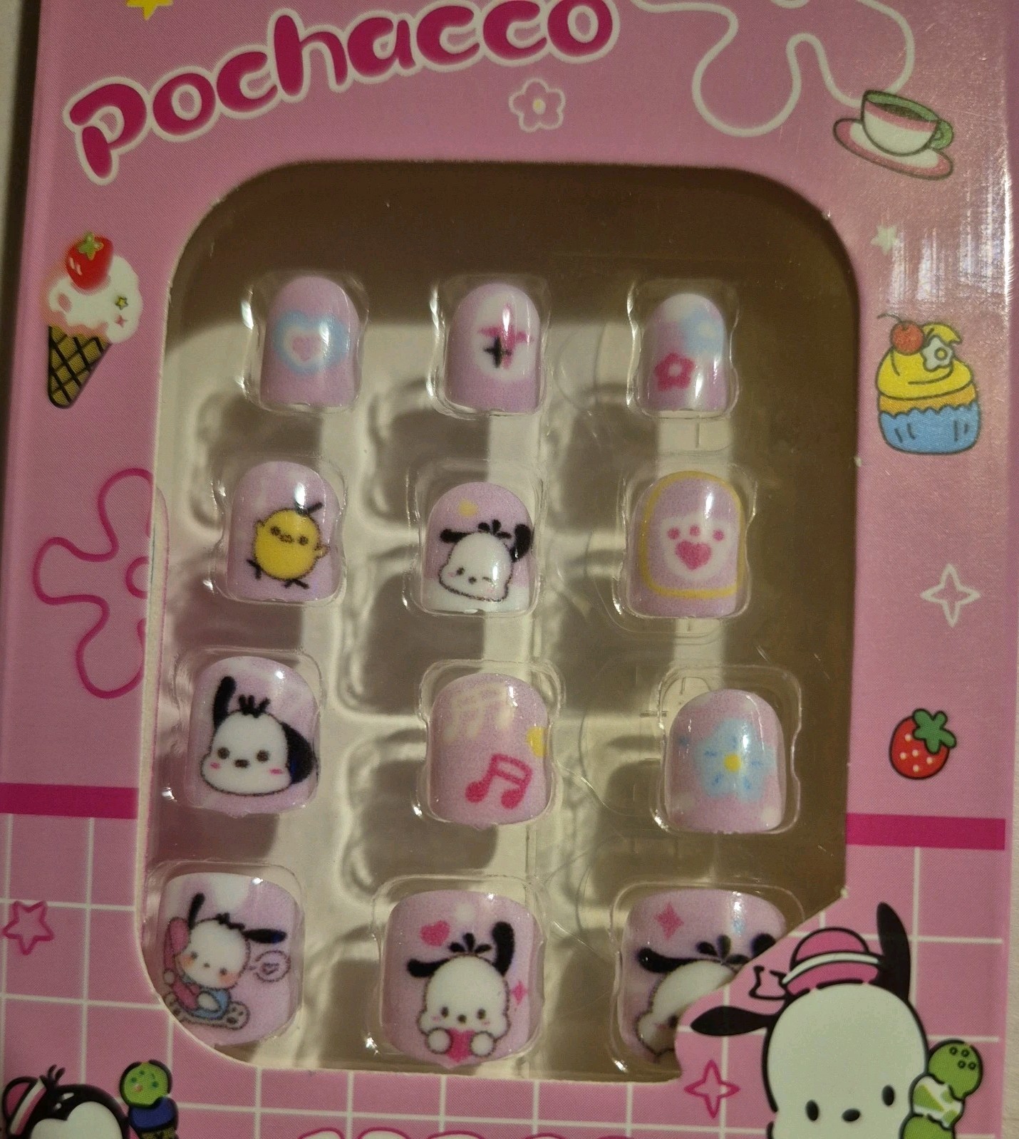 Sanrio Pochacco Kids Nails 12 Nails and glue tabs , 1 small file