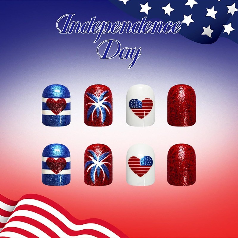 Patriotic Fake Nail with Red Blue White Glitter, Heart Flag and Firework Details