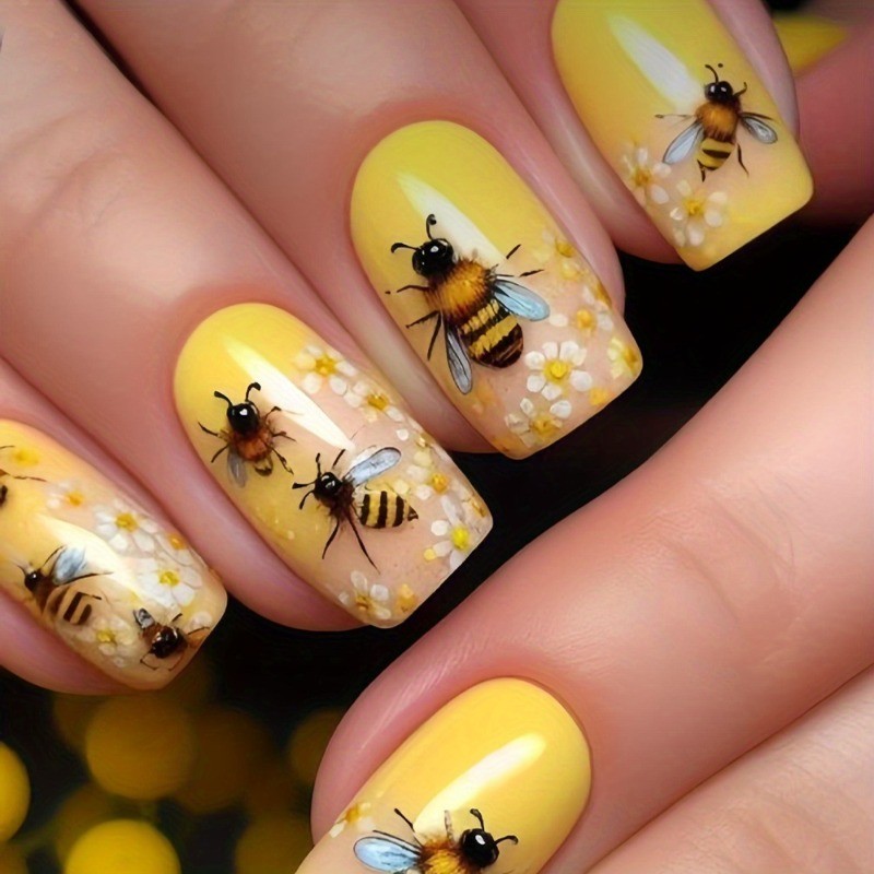 48 Elegant Yellow Gloss Flower Bee Spot Whitening Fake Nail Art