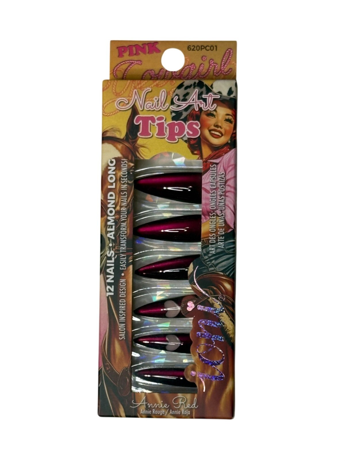 Ioni Pink Cowgirl Nail Art Tips Annie Red Press On Nails Almond Long 12 Pc