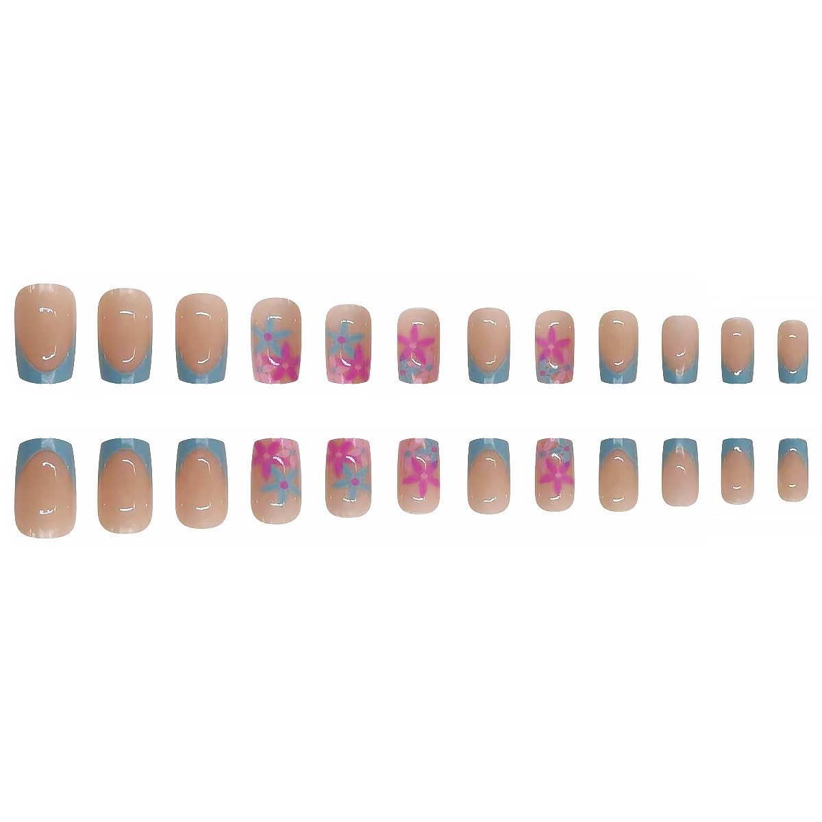 Stylish 24pcs Blue Floral French Tip Fake Nails – Perfect for Any Occasion