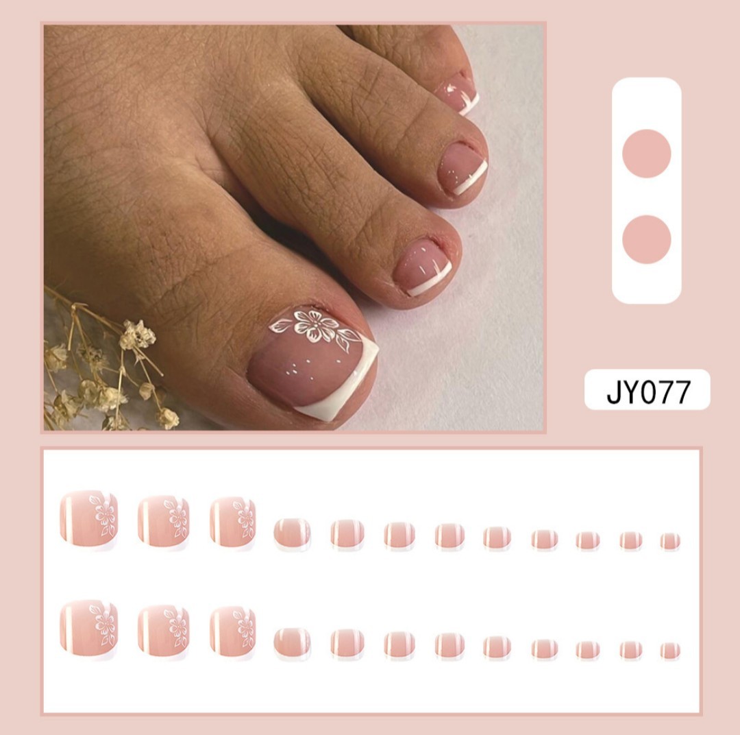 Press On Toenails 24Pcs White Flower French Tip Fake Toe Nail Set Glue