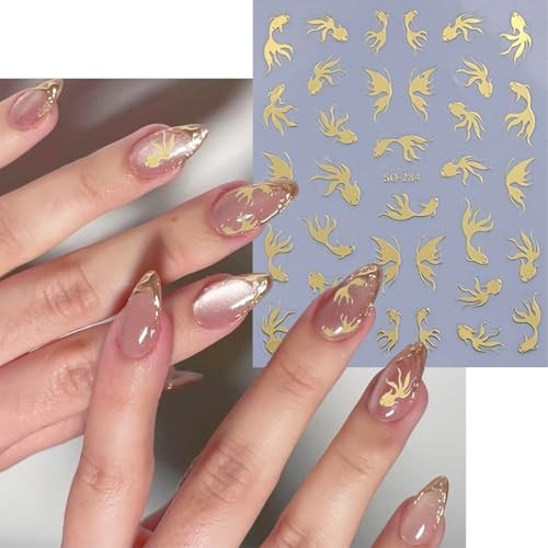 6 Pcs Nail Stickers 3D Self-Adhesive Nail Art Sticker Sparkly Nail Goldfish