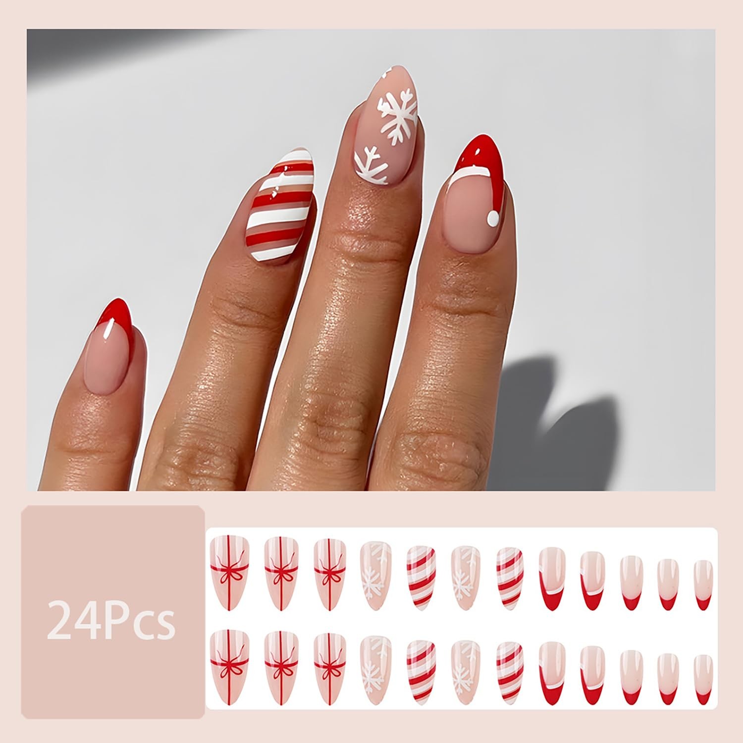 24 Pcs Christmas Press on Nails Almond Medium Fake French Tip Style 6