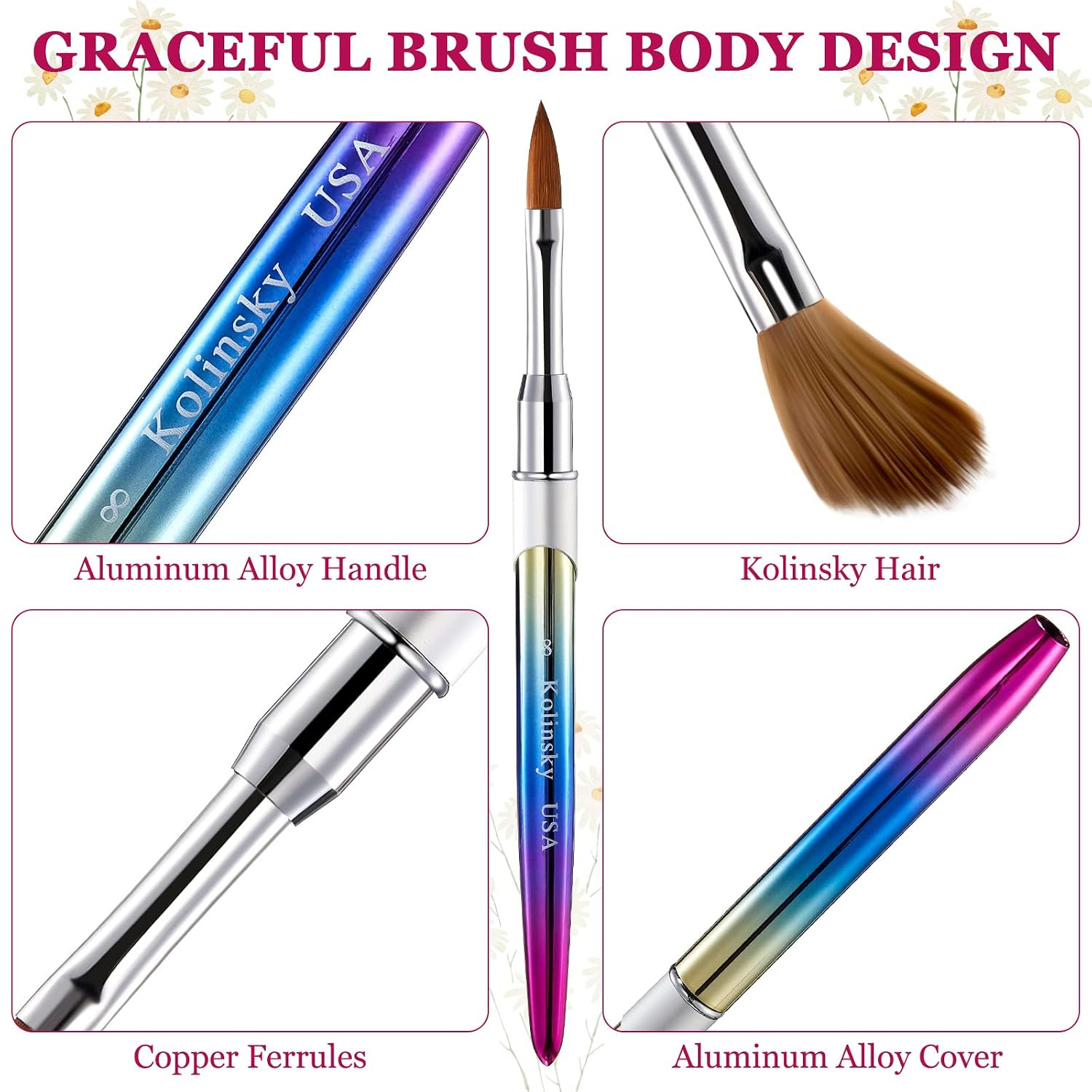 4 Pieces Kolinsky Acrylic Nail Brush Kolinsky Hair Bristles round Shaped Handle