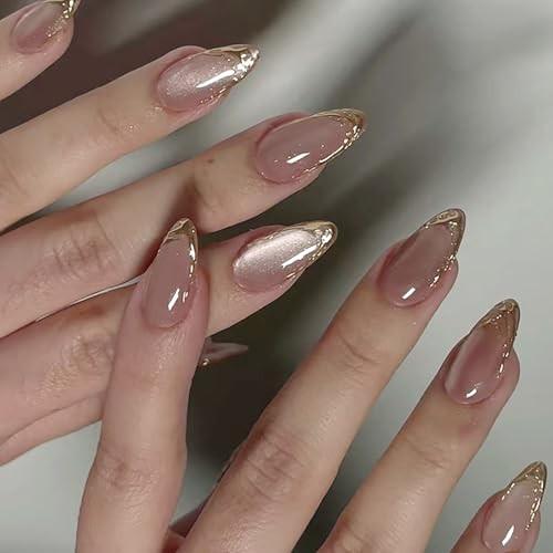 French Tip Press on Nails Medium Almond Fake Nails Bling French Tip Nails-19