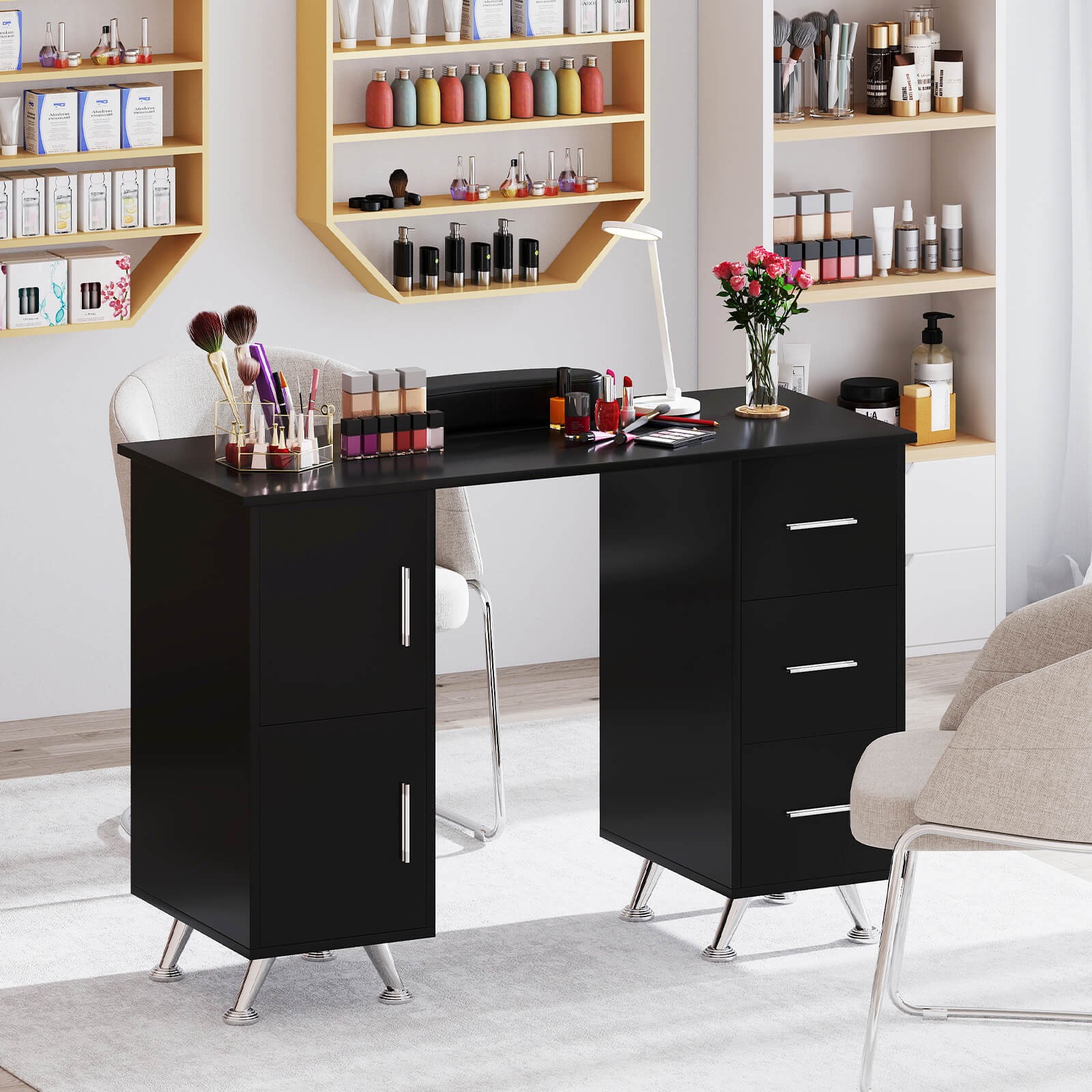 Manicure Table Nail Desk with Drawers Wrist Rest Metal Legs Nail Tech Station