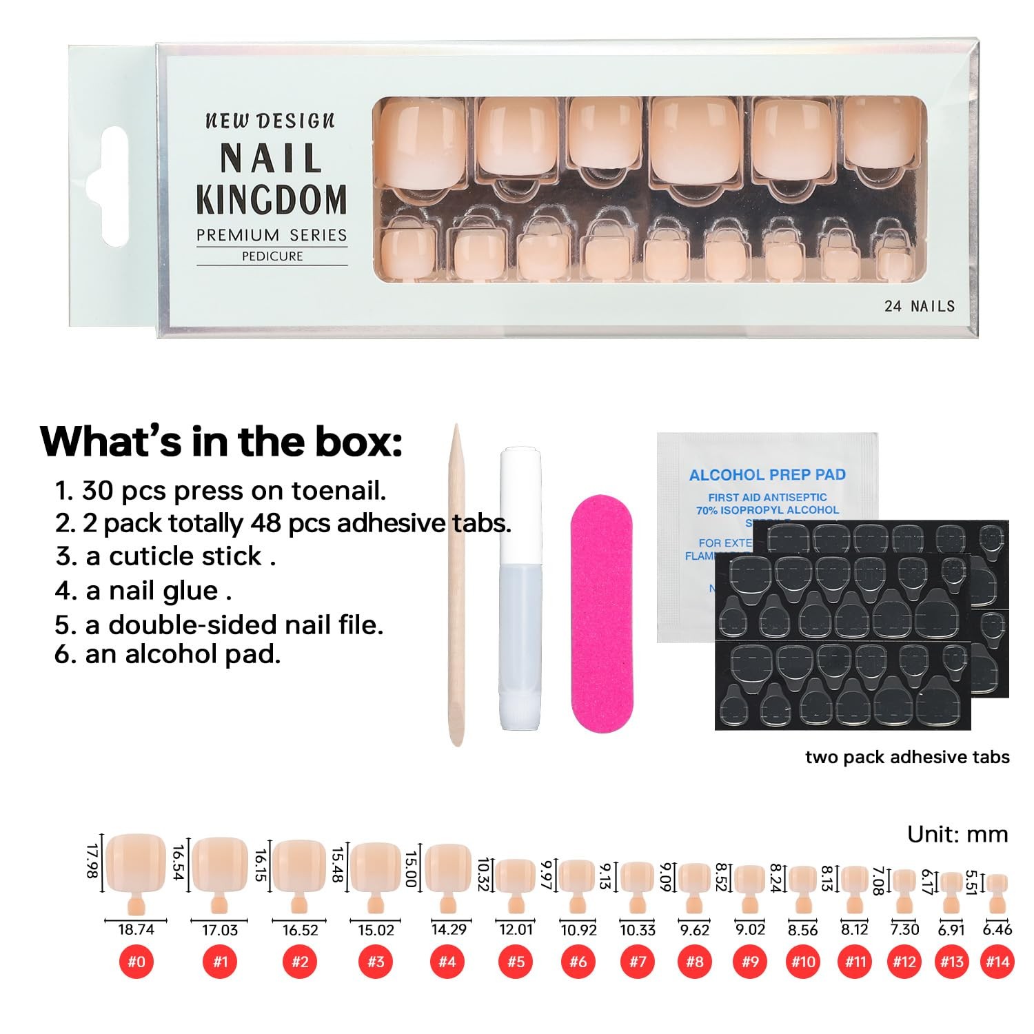 Press on Toenails for Women in 15 Sizes,30 Pcs Fits,French Square Acrylic Toe