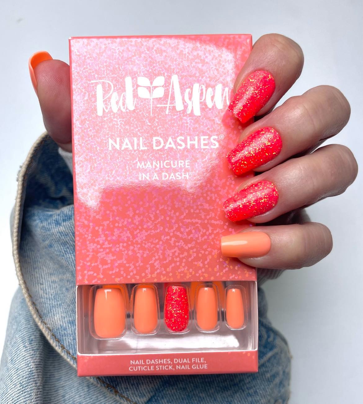 Red Aspen Press On Nails Kailani’s Living Coral-Medium-Coffin-Glitter
