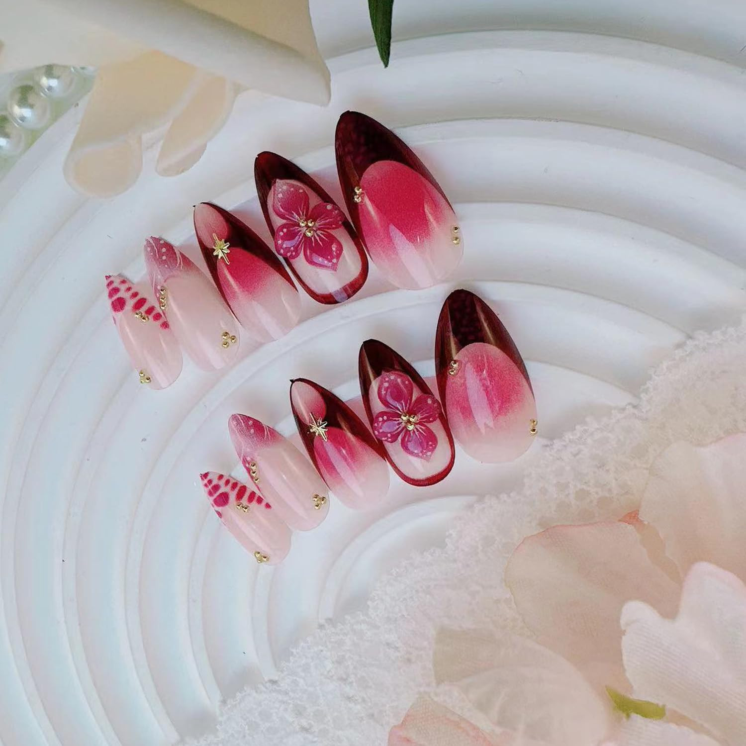 24Pcs French Tip Press on Nails Medium Almond Fake Nails Purple Flower and Gold