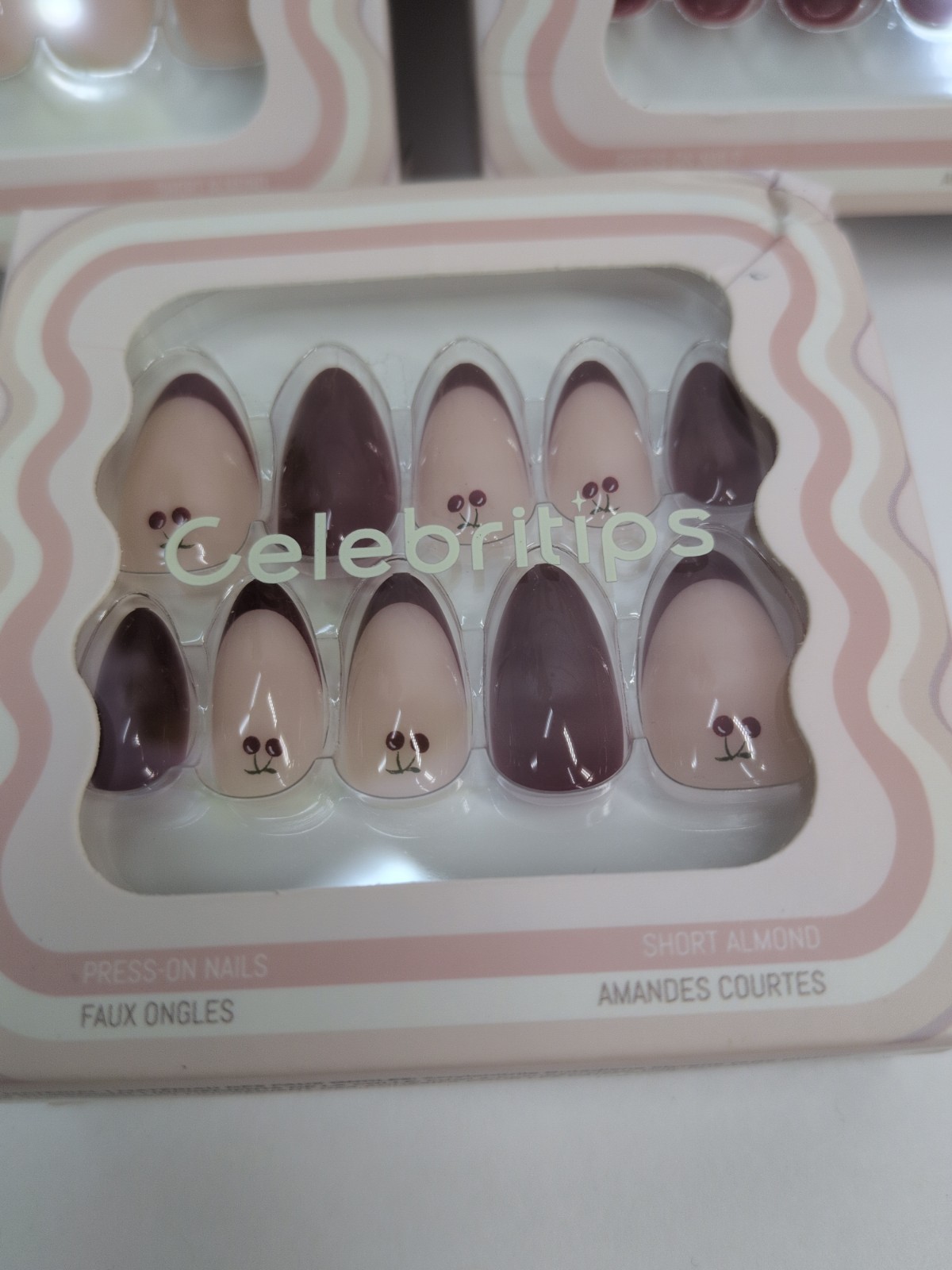 NIB LOT 3 SHORT ALMOND🥰Celebritips Press On Nails Set Burgundy Raspberry Cherry